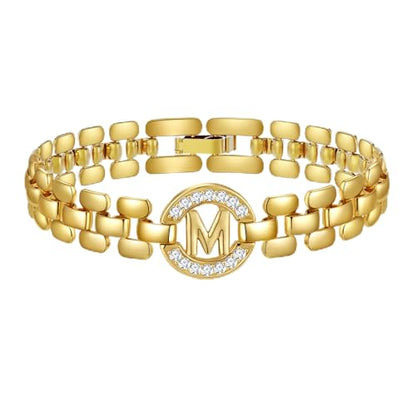 WEDDINEN Initial Bracelets for Women, 14K Gold Plated Letter A-Z Bracelets with Diamonds,Thick Chain Bracelet for Women trendy Jewelry Gifts - color: Gold-M