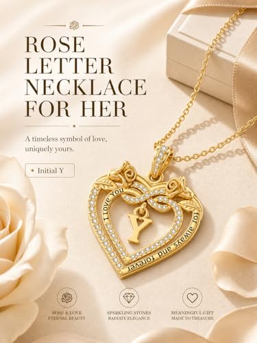14K Gold Initial Letter Rose Heart Pendant Necklace for Women, Anniversary Birthday Jewelry Gifts for Wife Mom Grandma Sister Daughter, I Love You for Always And Forever - style: 14K Gold-Y