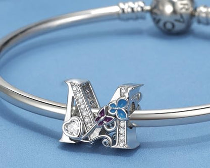 S925 Silver Butterfly Initial Letter Charms Fit for Pandora Charms Bracelets and Necklace Alphabet Bead Charms Jewelry Gifts for Women - color: M