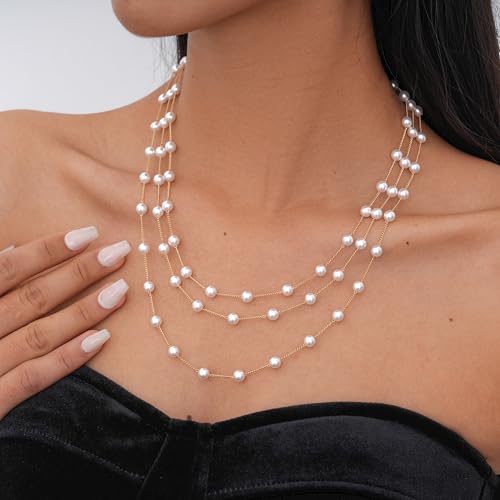 Pearls Necklaces for Women-18K Gold Plated Layered Gold Pearl Necklaces Dainty White Pearls Choker Necklace Chain Pearl Necklace for Women Elegant Valentines Gifts - color: Three-layer