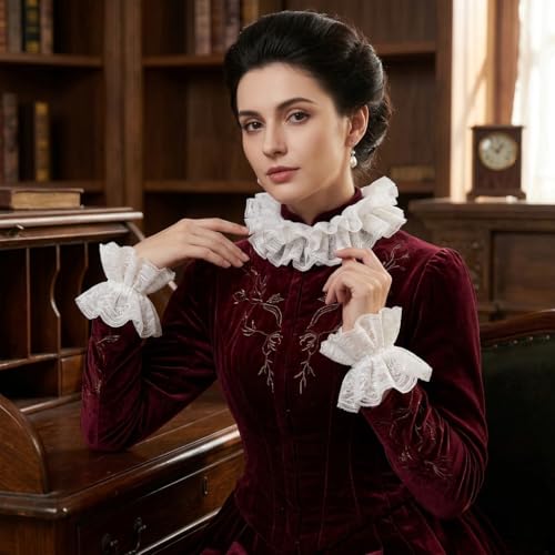 Neck Ruffle Collar and Lace Cuffs Set Victorian Collars Costume Accessories | for Cosplay, Halloween, Masquerade, Party, Clown, Vampire, Princess, Prince Outfits-White - color: Whiteset