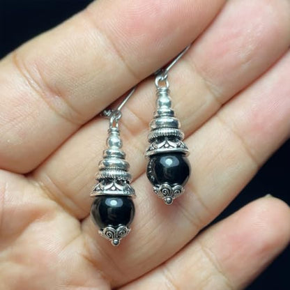 Natural 10mm Stone Beads Drop Earrings,Retro Silver Round Quartz Crystal Gemstone Beads Dangle Earrings for Women - color: A21_Black Agate
