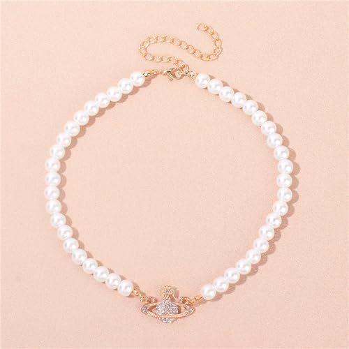 Dreuyet Saturn Pearl Necklace and Earrings Set Crystal Planet Earrings Dainty Artificial Pearl Choker Necklace Charm Gifts for Mum Wife Wedding Birthday Anniversary - color: Gold