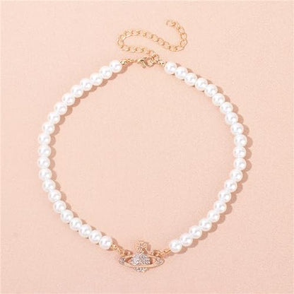Dreuyet Saturn Pearl Necklace and Earrings Set Crystal Planet Earrings Dainty Artificial Pearl Choker Necklace Charm Gifts for Mum Wife Wedding Birthday Anniversary - color: Gold
