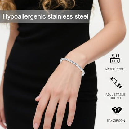 Stainless Steel Adjustable CZ Tennis Bracelet for Women Men | 14K Gold Plated, Round 3mm/4mm/5mm AAAA+ Cubic Zirconia, Dainty Classic, Festival Wedding Jewelry Gift - color: Steel, size: CZ 4mm