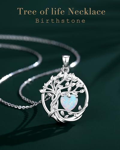 FANCIME Tree of life Birthstone necklace Sterling Silver Pendant Birthstone Necklace Gemstone Anniversary Birthday Jewelry Mothers Day Gifts for Mom Her Wife - color: Oct.-Opal