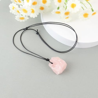 Natural Raw Crystal Necklace for Women Irregular Stone Necklaces Spiritual Gemstone Pendant with Adjustable Rope - color: A-Rose Quartz