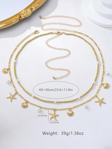 TEBIEKOY Waist Chains for Women, 2 pcs Gold Starfish & Pearl Belly Chain Body Jewelry with Dangle Charms for Beach, Bikini & Summer