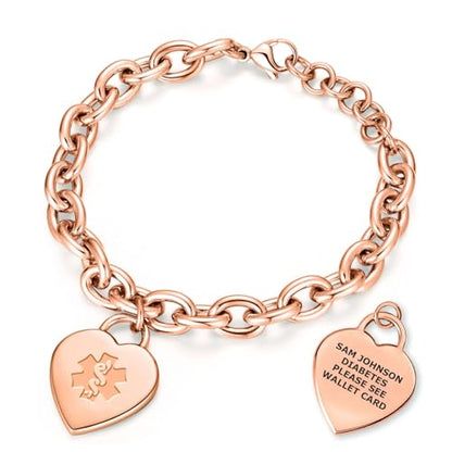 Custom Engraved Medical Alert ID Bracelet for Women | Heart Charm Medical ID Tag | Adjustable Curb Chain with Lobster Claw | Stainless Steel, Durable & Waterproof | Fits Wrists 8.5" (Silver) - style: PVD Rose Gold