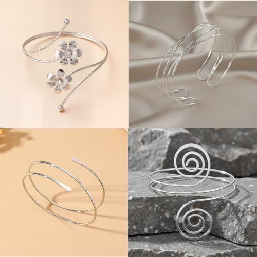 ItsStarred Minimalist Arm Cuff Gold Plated, Upper Arm Cuff Bangle Bracelet for Women, Adjustable Arm band Set 6 Pieces - color: A1: Silver Plated Coil 4pcs