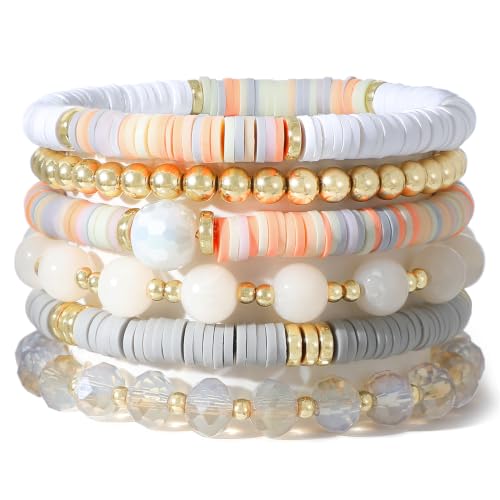 Boho Beaded Stretch Bracelets For Women Stackable Crystal Gold Plated Beaded Bracelets Set Trendy Handmade Friendship Braeclet Jewelry Gifts - color: F-XGrey 6pcs