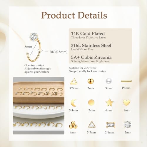 12 Pairs Half Hoops Earrings for Women Backless Earrings 14K Gold/Silver | Stay Close Open Hoop Huggie Earrings Hypoallergenic 316L Stainless Steel Poke Free Sleep in Trendy Jewelry Gift - style: 12G