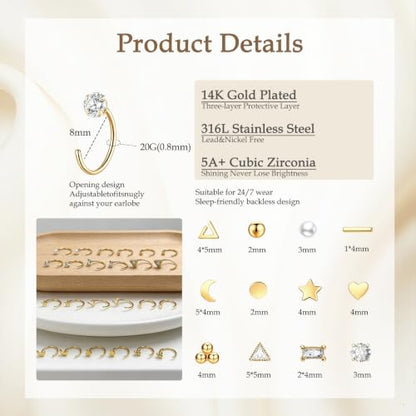 12 Pairs Half Hoops Earrings for Women Backless Earrings 14K Gold/Silver | Stay Close Open Hoop Huggie Earrings Hypoallergenic 316L Stainless Steel Poke Free Sleep in Trendy Jewelry Gift - style: 12G