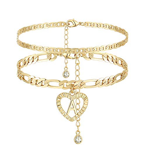 YANODA Initial Ankle Bracelets for Women 14K Gold Plated Layered Figaro Chain Letter Initial Anklets Handmade Layered Heart Ankle Bracelets Personalized Jewelry for Women - color: L