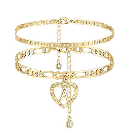 YANODA Initial Ankle Bracelets for Women 14K Gold Plated Layered Figaro Chain Letter Initial Anklets Handmade Layered Heart Ankle Bracelets Personalized Jewelry for Women - color: A