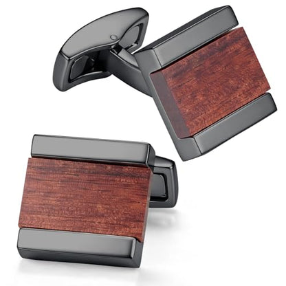 Cuff Links Mens Cufflinks Wood Inlay - Rectangular Brass Cuff Links with Gunmetal Finish, 3-Layer Electroplating, Unique Wood Grain Shirt Accessories for Business Wedding Tuxedo, Durable & Anti-Fade Jewelry Gift - color: Black/Wood