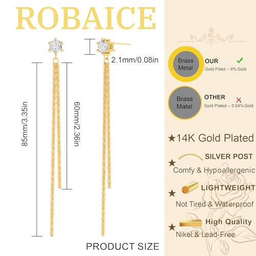 Robaice Long Gold Dangle Earrings for Women, 14K Plated Tassel Earring | Gold Chain Dangling Earrings, Trendy Drop Prom Earring, Lightweight Statement Party Jewelry, Gift for Women - style: D-CZ dangle drop tassel