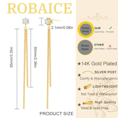 Robaice Long Gold Dangle Earrings for Women, 14K Plated Tassel Earring | Gold Chain Dangling Earrings, Trendy Drop Prom Earring, Lightweight Statement Party Jewelry, Gift for Women - style: D-CZ dangle drop tassel