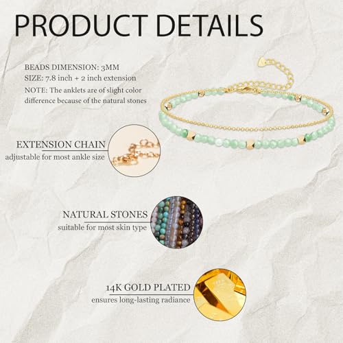 Gold Ankle Bracelet for Women Waterproof, Dainty Natural Stone Bead Anklet Adjustable Double Ankle Chain Summer Beach Boho Foot Jewelry Anniversary Birthday Gifts - color: Aventurine