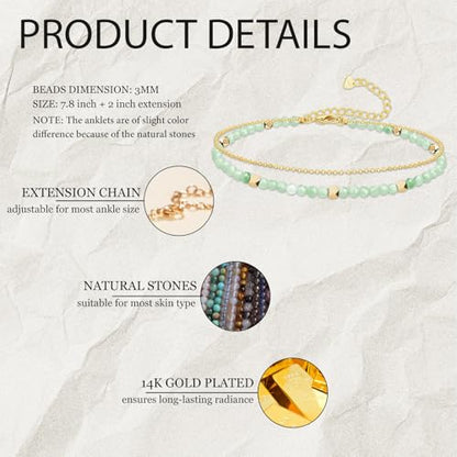 Gold Ankle Bracelet for Women Waterproof, Dainty Natural Stone Bead Anklet Adjustable Double Ankle Chain Summer Beach Boho Foot Jewelry Anniversary Birthday Gifts - color: Aventurine