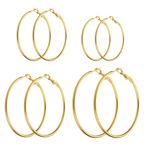 4 Pairs Gold Hoop Earrings for Women | 14K Gold Plated Hypoallergenic Small Large Earrings Set, Lightweight Stainless Steel Hoops - color: Gold