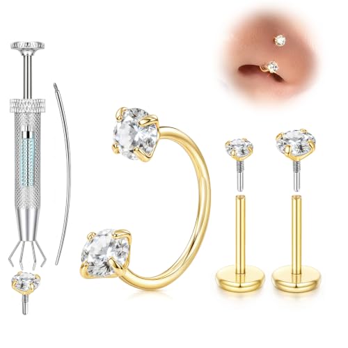 Horseshoe Nose Ring 20g Flat Back Nose Studs Piercing Jewelry for Women Men | Gold Silver Hypoallergenic Surgical Steel Internally Threaded Earrings for Tragus Helix Cartilage Lip Septum Piercing Jewelry - color: Gold, size: 20g-7mm