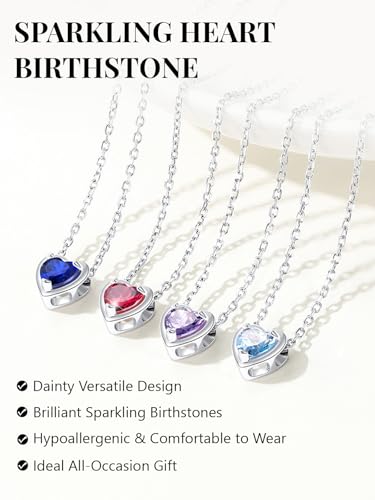 Silvora Heart/Round Birthstone Necklace for Women, Sparkling Crystal Pendant, Dainty Birth Month Jewelry, Adjustable 16"+2" Chain - color: Silver, style: August Heart
