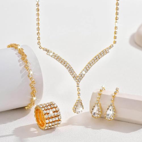 Bridal Wedding Jewelry Set Silver Rhinestone Necklace Earrings Sets Formal Costume Jewelry for Women and Brides - color: C-4 Pack Gold Necklace Bracelet Rings Earrings