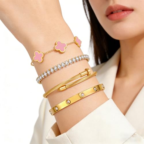 Gold Bracelets for Women, 18K Gold Plated Women Tennis Bracelets Clover Nail Love Bangle Bracelet Set, Gold Bracelet Stackable Set Trendy Jewelry, Gifts for Women's Day and Mother's Day - color: 08-Color-4 Pink