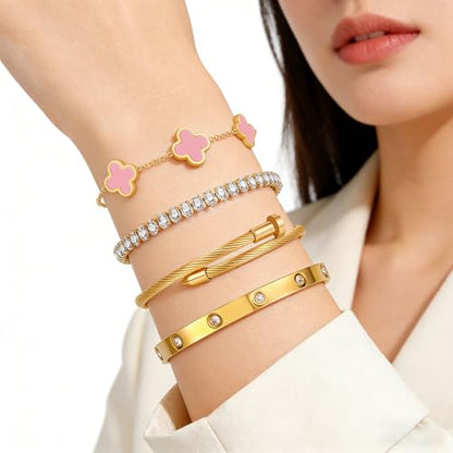 Gold Bracelets for Women, 18K Gold Plated Women Tennis Bracelets Clover Nail Love Bangle Bracelet Set, Gold Bracelet Stackable Set Trendy Jewelry, Gifts for Women's Day and Mother's Day - color: 08-Color-4 Pink