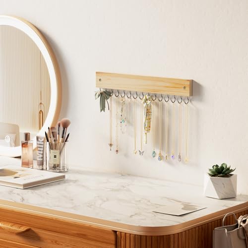 Lolalet Wooden Necklace Holder for Wall with 15 Hooks -Nature | Wall Mount Jewelry Hangers for Necklaces, Chains, Bracelets and Earrings, Tangle-free, Easy to Install - color: Nature