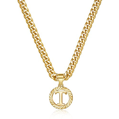 KissYan Initial Pendant Necklaces for Women Men | 14K Gold Filled/White Gold Plated, Hollow Round Letter Capital Monogram Charm with 5mm Cuban Chain, Alphabets from A-Z - color: Gold, style: T
