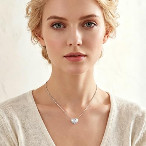 Cubic Zirconia Heart Pendant Necklace, 14K Gold Plated Pave Heart Necklace for Women, Faux Diamond Heart Pendant Necklace, Valentine’s Day, Birthday & Anniversary - color: White Gold X-5175