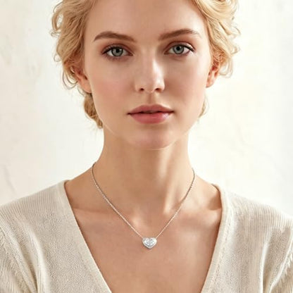 Cubic Zirconia Heart Pendant Necklace, 14K Gold Plated Pave Heart Necklace for Women, Faux Diamond Heart Pendant Necklace, Valentine’s Day, Birthday & Anniversary - color: White Gold X-5175