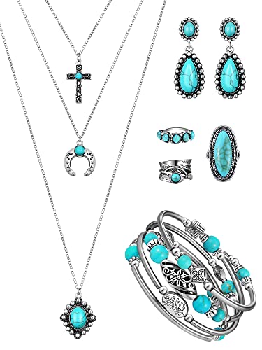 Ecally Bohemian Western Jewelry Turquoise Set Women Country Pendant Long Choker Layered Bracelets Earrings Ring for Women - color: Turquoise, style: Elegant