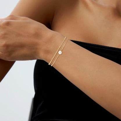 Cuzmly Bracelets for Women, Waterproof 14K Gold/Silver Plated Stackable Bracelets for Women Non Tarnish Trendy Dainty Paperclip Figaro Box Herringbone Hand Chain Bracelet Pack Stack Adjustable Jewelry for Women - style: 2 Single Pearl