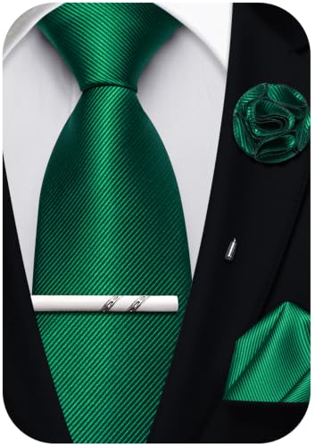 Solid Color Tie and Pocket Square with Tie Clip Lapel Pin Silk Formal Necktie Set Wedding Formal - color: Emerald Green