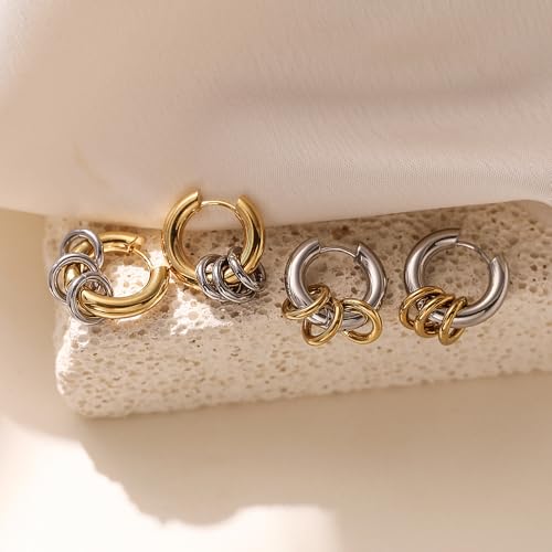18K Gold Plated Stainless Steel Round Hoop Earrings For Women Non-Fading Jewelry - color: silver with small gold circle