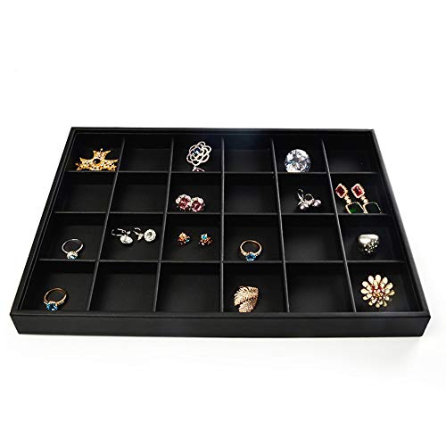 Oirlv Black Leather Jewelry Tray 24-Grid | 13.78"X9.45"X1.18" Tray with 24 Grid Inserts, Soft Velvet Lining, Perfect for Pendants and Earrings, Stackable Design - style: P01703