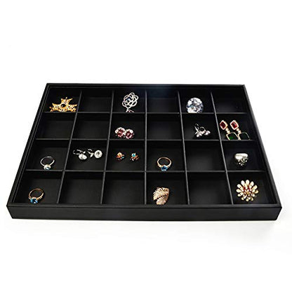 Oirlv Black Leather Jewelry Tray 24-Grid | 13.78"X9.45"X1.18" Tray with 24 Grid Inserts, Soft Velvet Lining, Perfect for Pendants and Earrings, Stackable Design - style: P01703