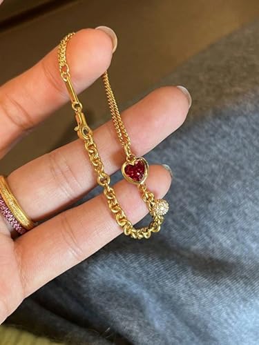 Gold Chain Hand Charm Heart Bracelet For Women Dainty Red Gemstone Charm Double Chain Bracelet Hypoallergenic Trendy Fashion Jewelry for Daily Wear