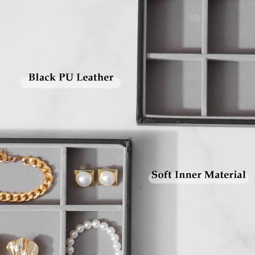 Large Jewelry Organizer Tray, Stackable Jewelry Storage Holder PU Leather Velvet Jewellery Display Case for Stud Earring Bracelet Necklace Ring (Black Gray, 24 Grids) - color: Black Gray