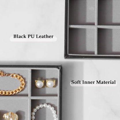 Large Jewelry Organizer Tray, Stackable Jewelry Storage Holder PU Leather Velvet Jewellery Display Case for Stud Earring Bracelet Necklace Ring (Black Gray, 24 Grids) - color: Black Gray