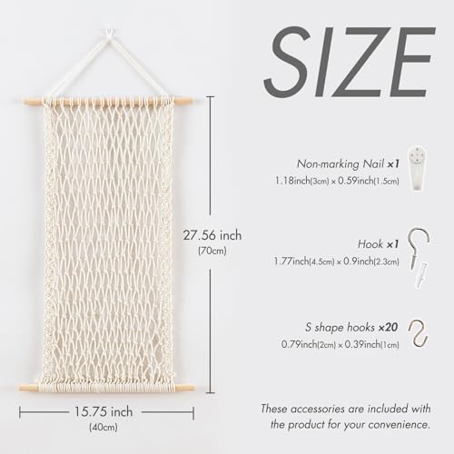 Hanging Jewelry Mesh Organizer with 20 Pieces S Shape Hooks | Macrame,Wall Mounted,Necklaces Storage,Earring Display Rack,Girls Hair Clips Hanger,for Bracelets and Rings, Beige - color: beige