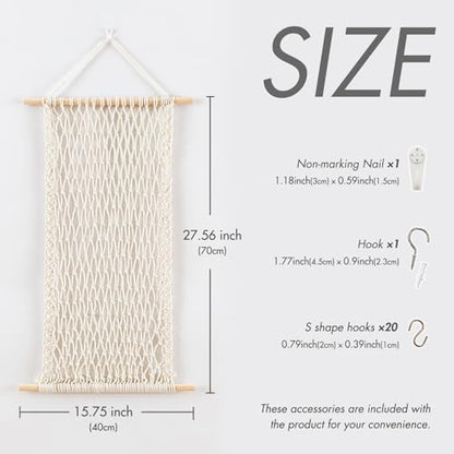 Hanging Jewelry Mesh Organizer with 20 Pieces S Shape Hooks | Macrame,Wall Mounted,Necklaces Storage,Earring Display Rack,Girls Hair Clips Hanger,for Bracelets and Rings, Beige - color: beige