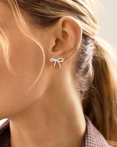 Stud Earrings for Women- 14K Gold/White Gold Plated/Black Bow Dragon Softball Snake Bat Stud Earrings - color: Silver Sparkling Bow