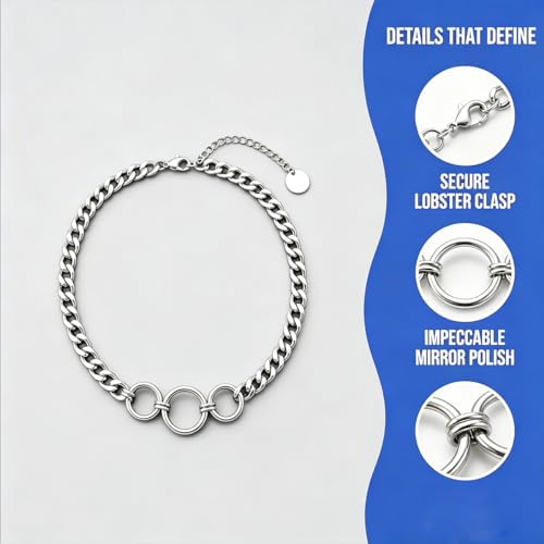Punk O-Ring Choker Necklace for Women Men Non tarnish Chunky Stainless Steel Cuban Link Chain Collar Necklace Adjustable Goth Statement Jewelry Accessories - color: silver 3 rings