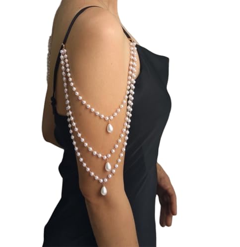 2 Pcs Pearl Shoulder Chain Detachable Bridal Arm Jewelry Layered Beaded Tassel Epaulettes for Wedding Prom Dress Sleeves Pearl Straps Accessory