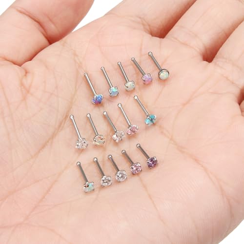 Hoeudjo Opal Nose Studs Surgical Steel Nose Rings Studs Cubic Zirconia L Shaped Nose Piercing Jewelry for Women 20G 18G - color: straight nose studs,20g