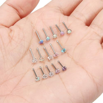 Hoeudjo Opal Nose Studs Surgical Steel Nose Rings Studs Cubic Zirconia L Shaped Nose Piercing Jewelry for Women 20G 18G - color: straight nose studs,20g